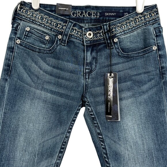 NWT GRACE in LA Women Embroidered Skinny Low Rise Stretch Blue Denim Jeans Sz 25 - Picture 3 of 12